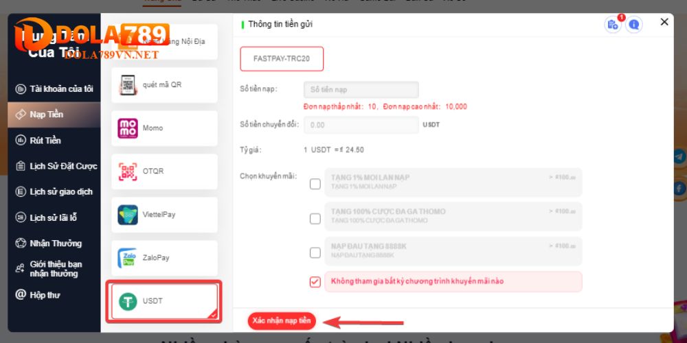Form nạp tiền Dola789 bằng USDT