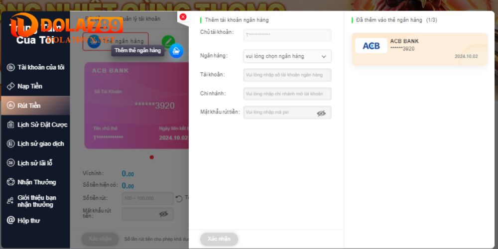 Liên kết ngân hàng để rút tiền từ Dola789