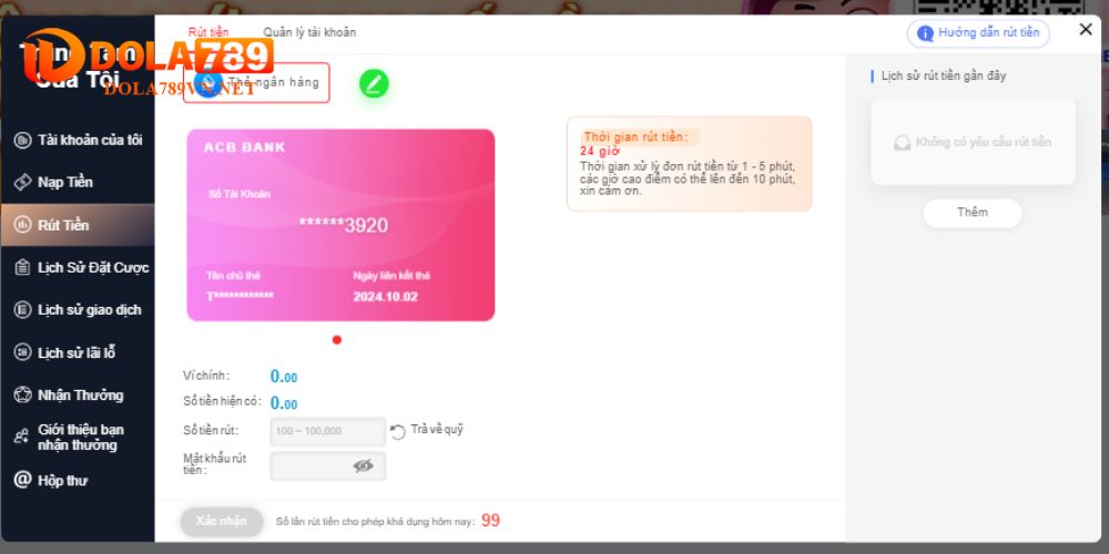Cung cấp thông tin tài khoản để rút tiền