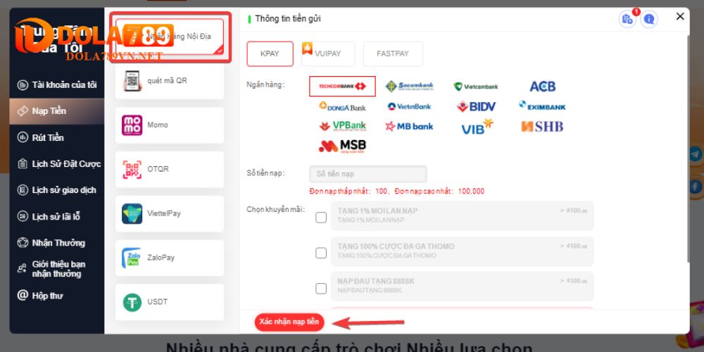 Nạp tiền Dola789 thông qua ngân hàng nội địa