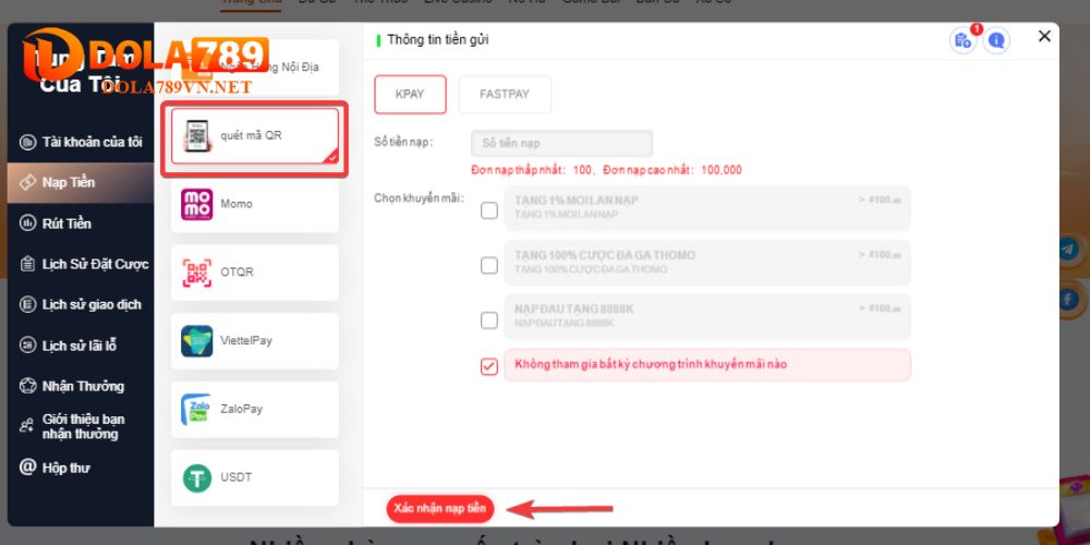 Quét mã QR code để nạp tiền Dola789